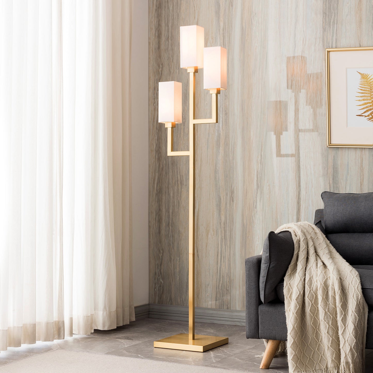 Brass 3-Light Torchiere Floor Lamp w/ Shade