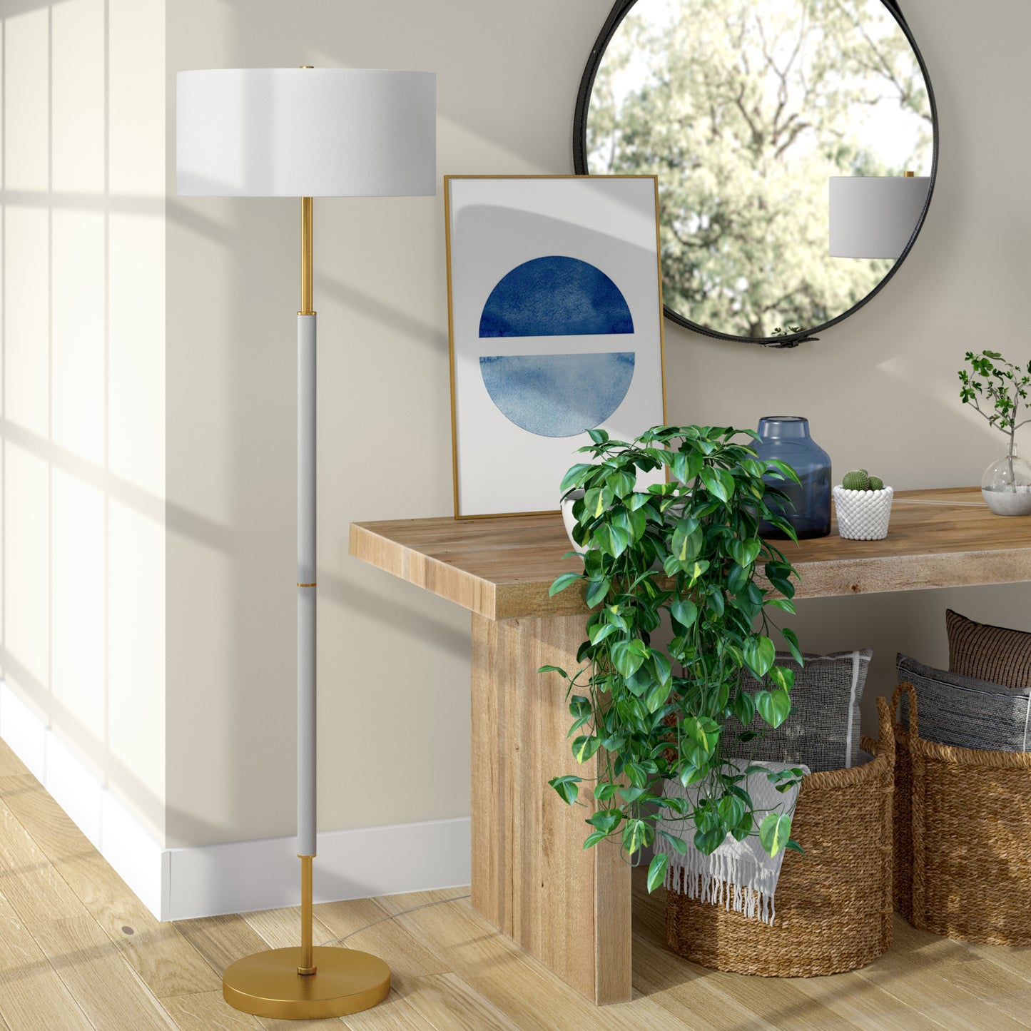 Brass 2-Light Floor Lamp w/ Shade