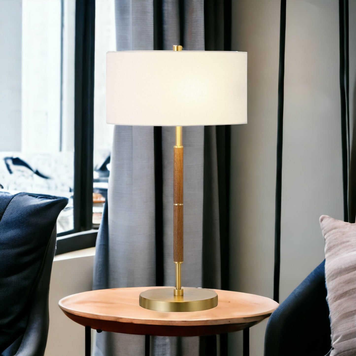 Gold & Oak Two Light Table Lamp w/ Shade