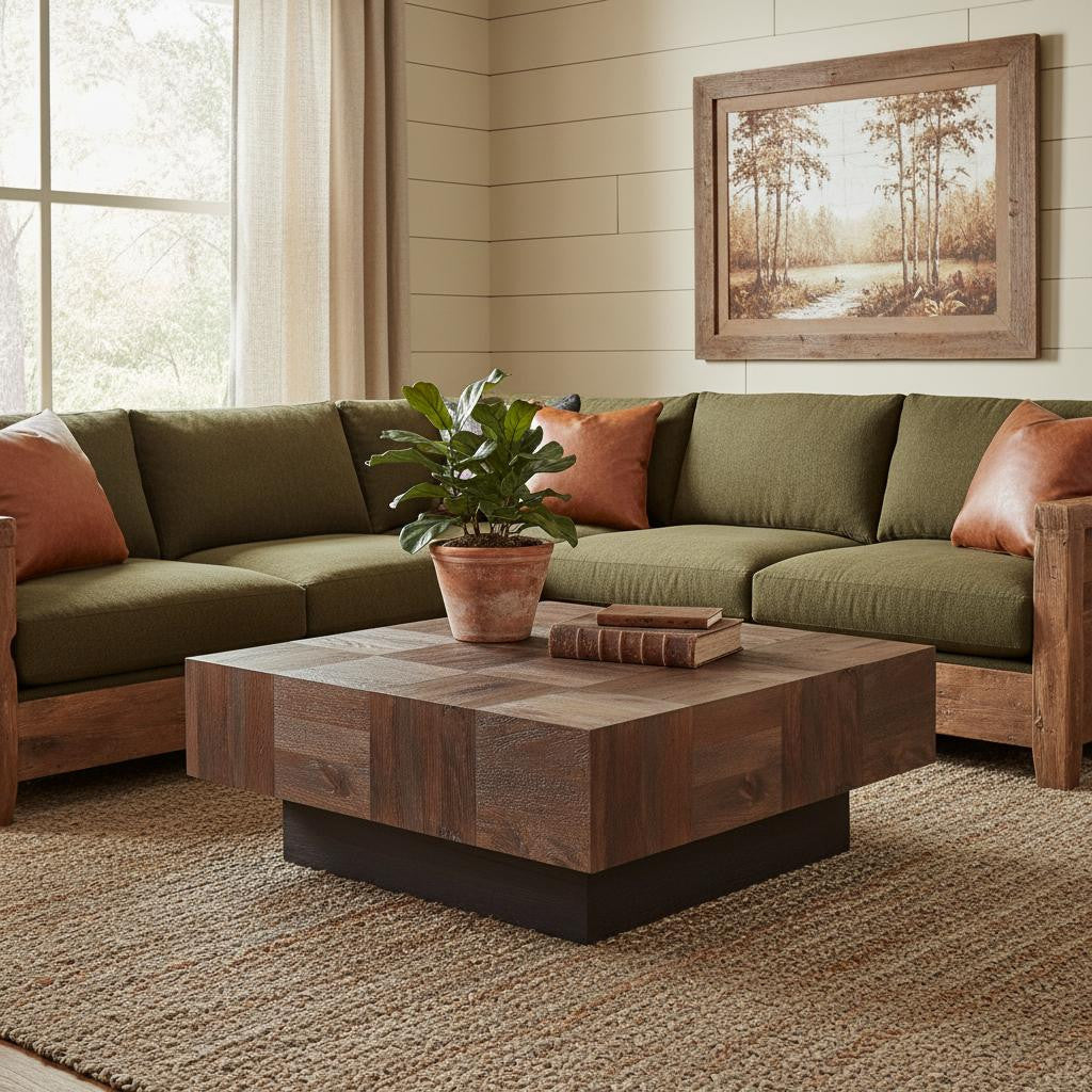 Dark Brown & Black Solid Wood Square Block Coffee Table image 1
