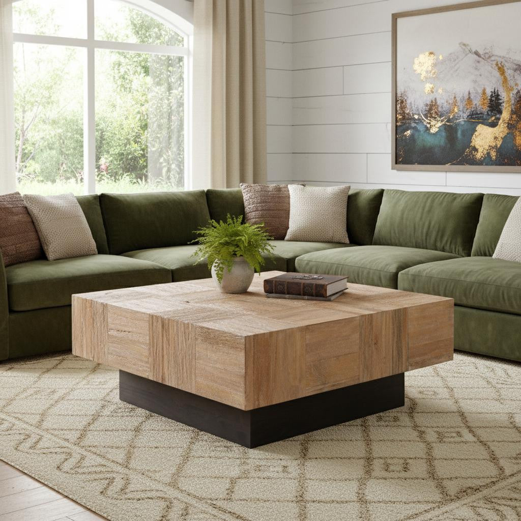 Brown & Black Solid Wood Square Block Coffee Table image 1