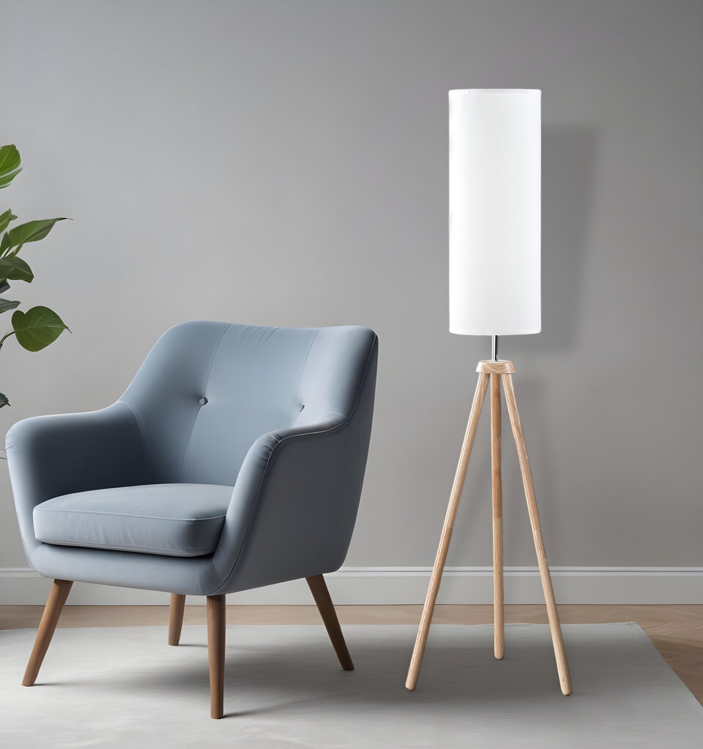 Natural Wood Look Tripod Floor Lamp w/ Shade