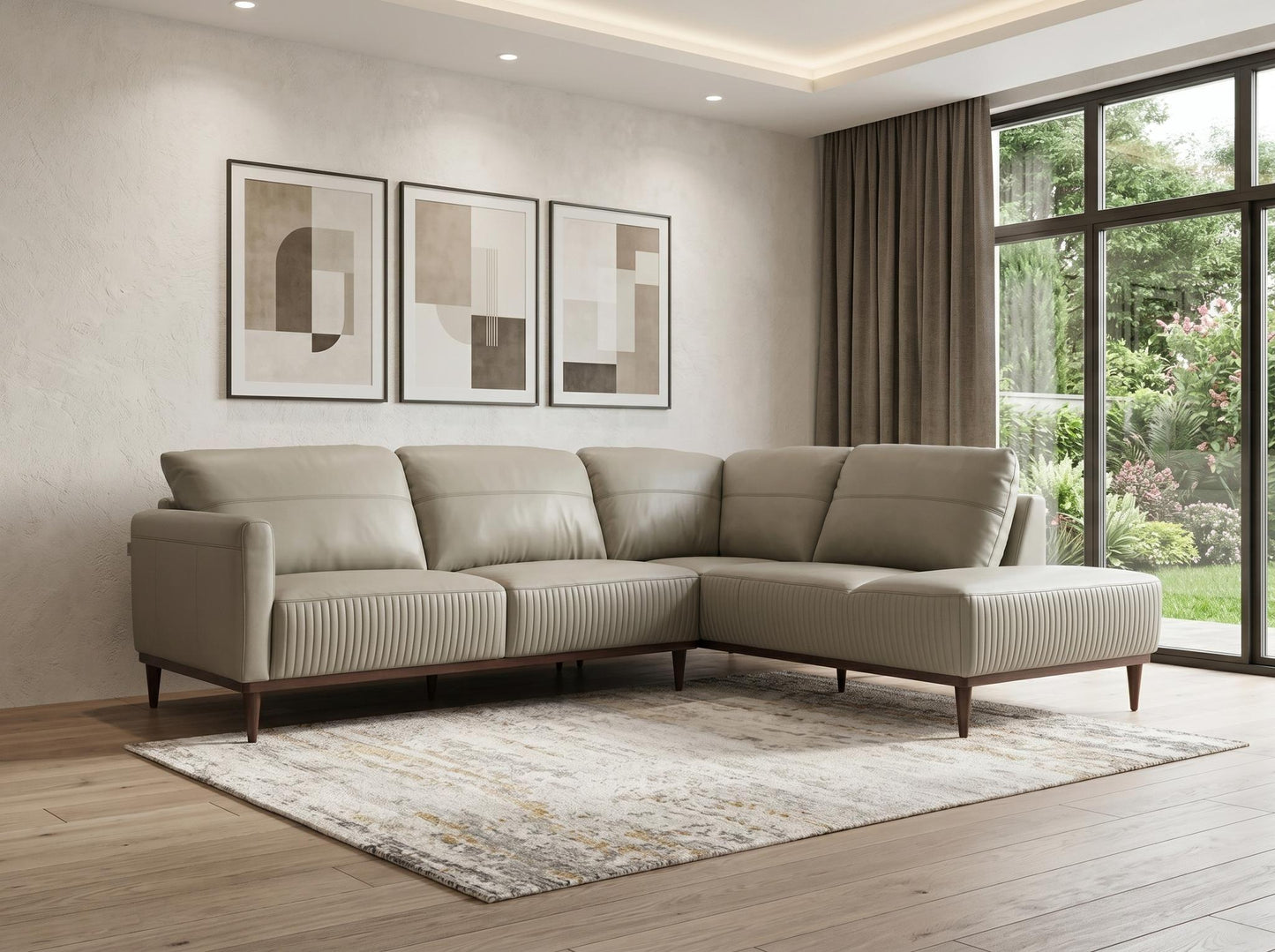 Light Green Leather L Shaped 2 Piece Sofa & Chaise Sectional
