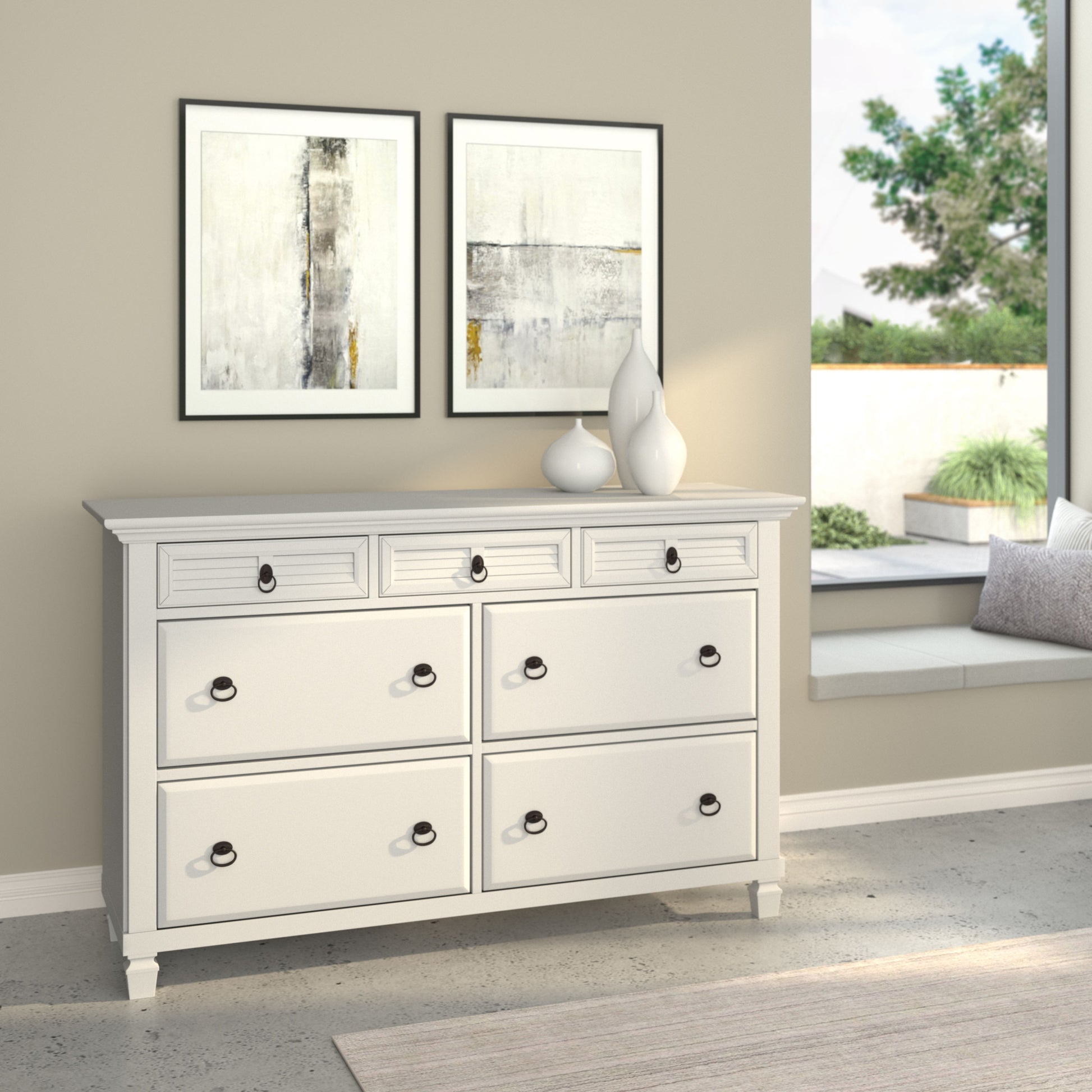 White Solid Wood Seven Drawer Double Dresser image 5