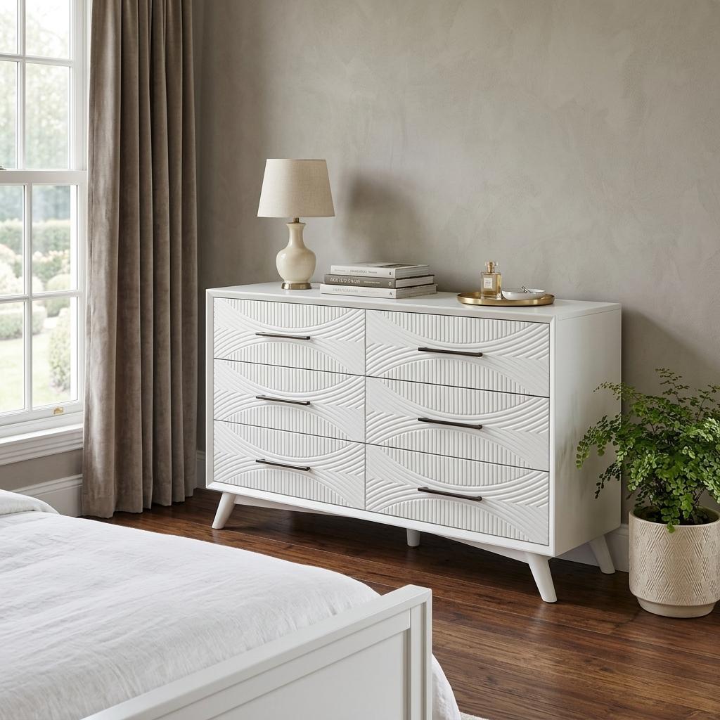 White Solid Wood Six Drawer Double Dresser image 1