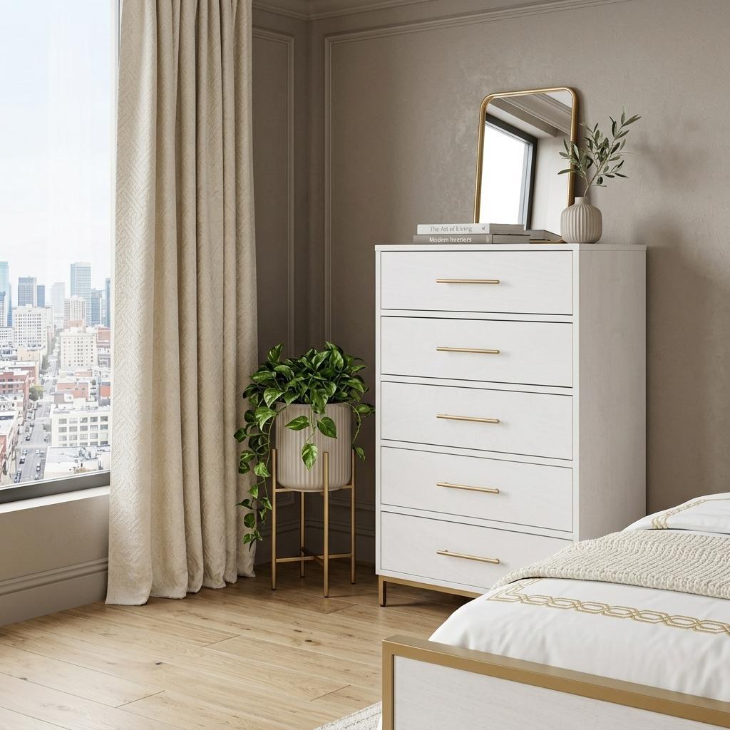 White Solid Wood Five Drawer Dresser image 1