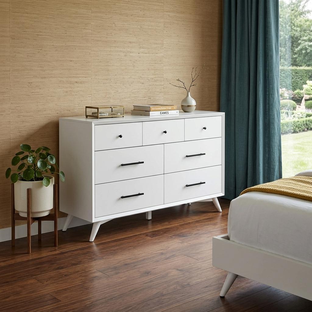 White Solid Wood Seven Drawer Double Dresser image 1