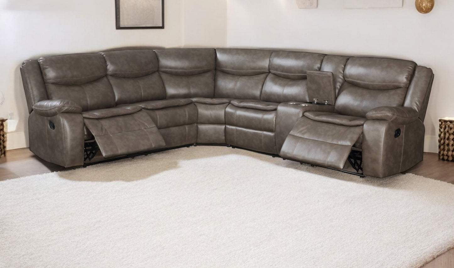 Taupe Faux Leather L Shaped 6 Piece Sectional w/ Console