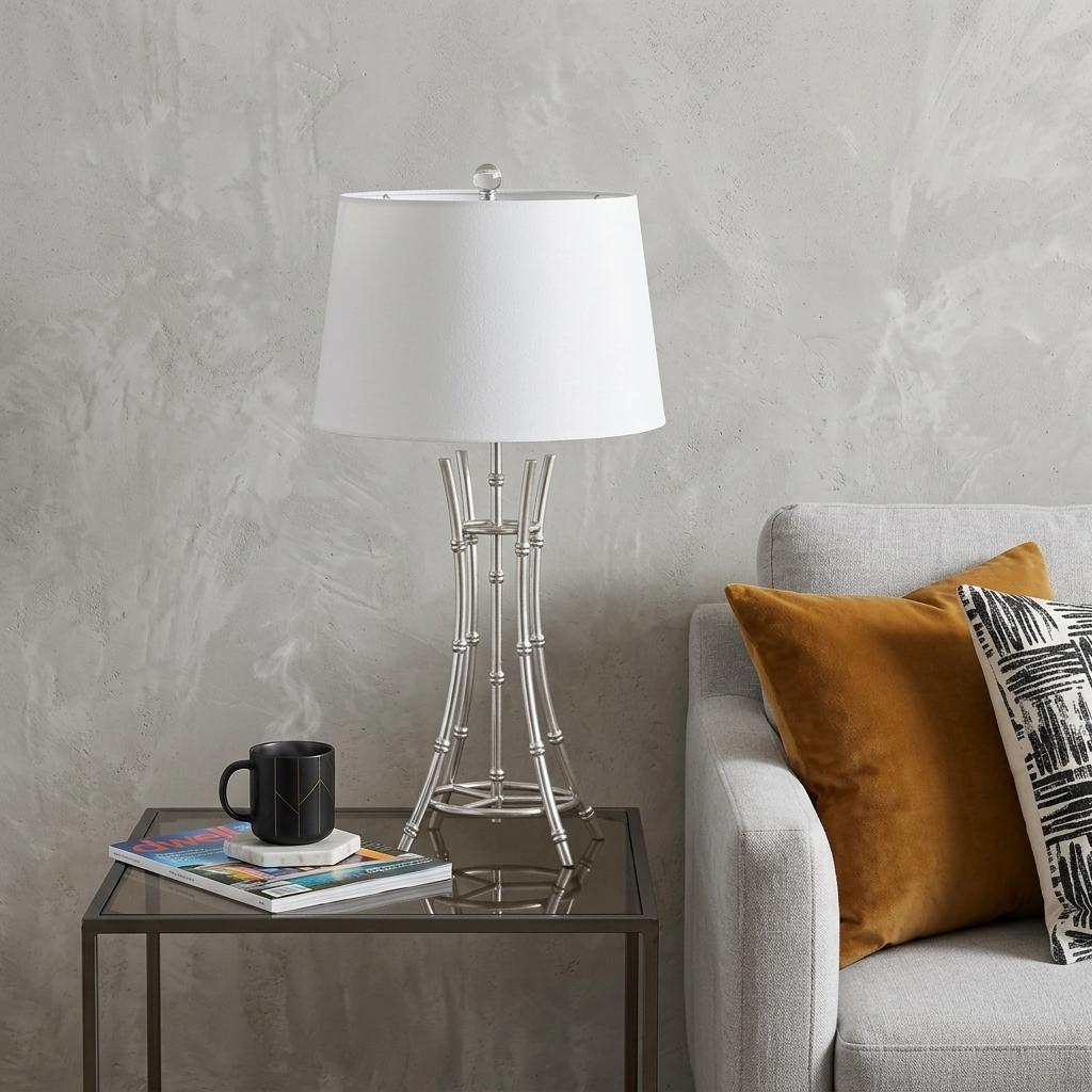 Silver Bamboo Design Table Lamp w/ Off Shade