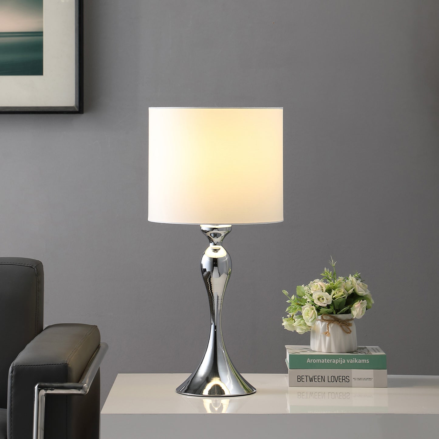 Silver Sleek Table Lamp w/ Off Shade