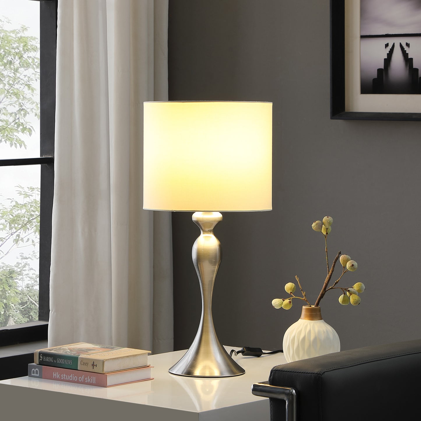 Silver Table Lamp w/ Off Shade