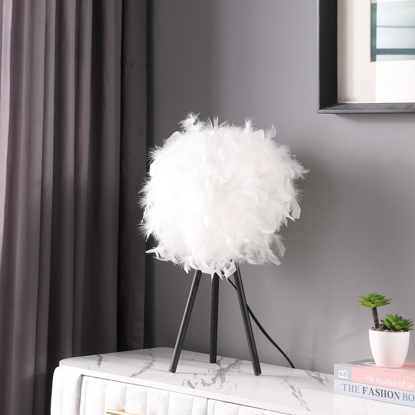 Black & White Faux Feather Tripod Table Lamp