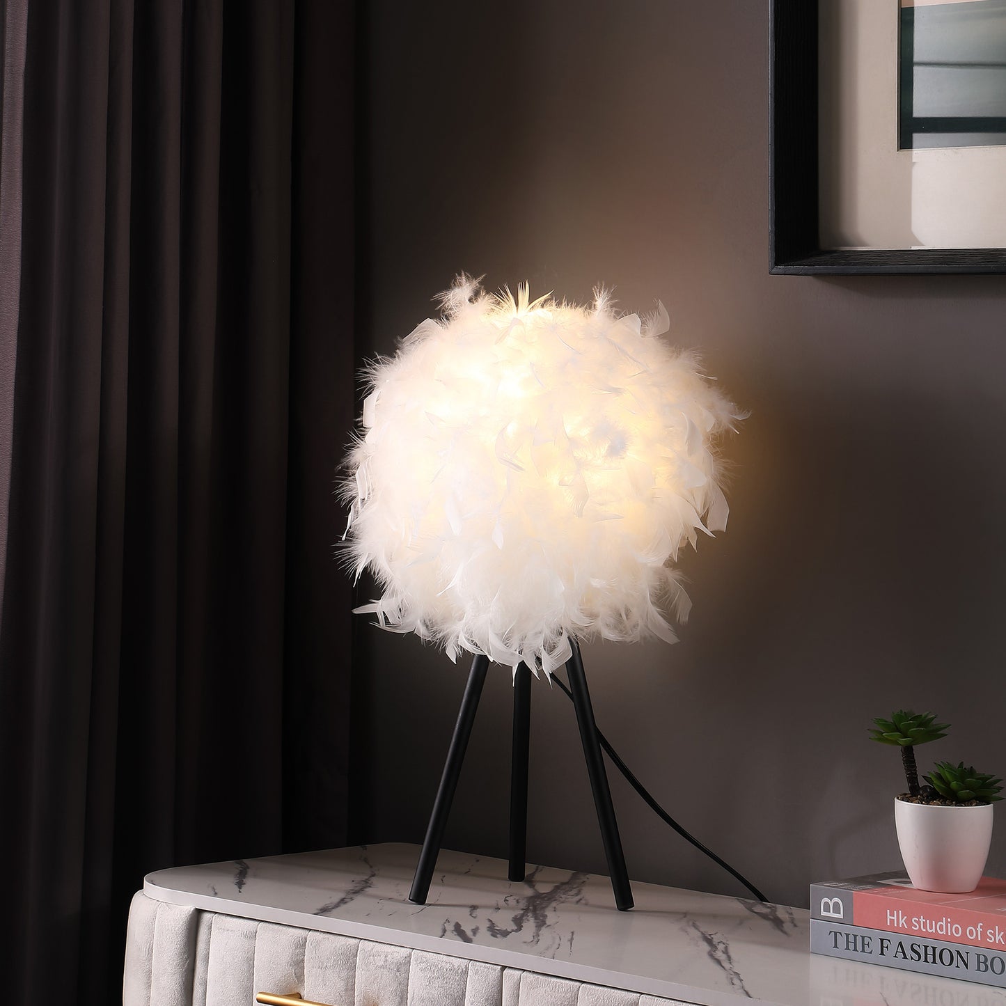 Black & White Faux Feather Tripod Table Lamp