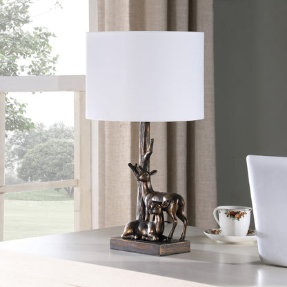 Bronze Mom & Baby Deer Table Lamp w/ Shade