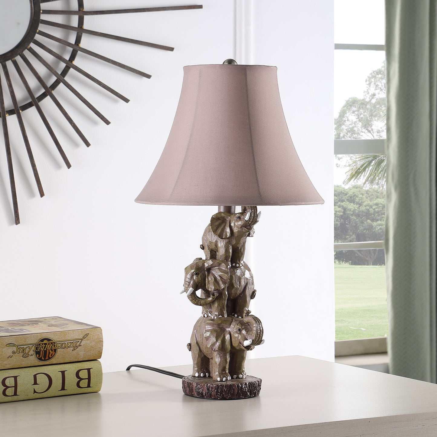 Brown Elephant Trio Table Lamp w/ Shade