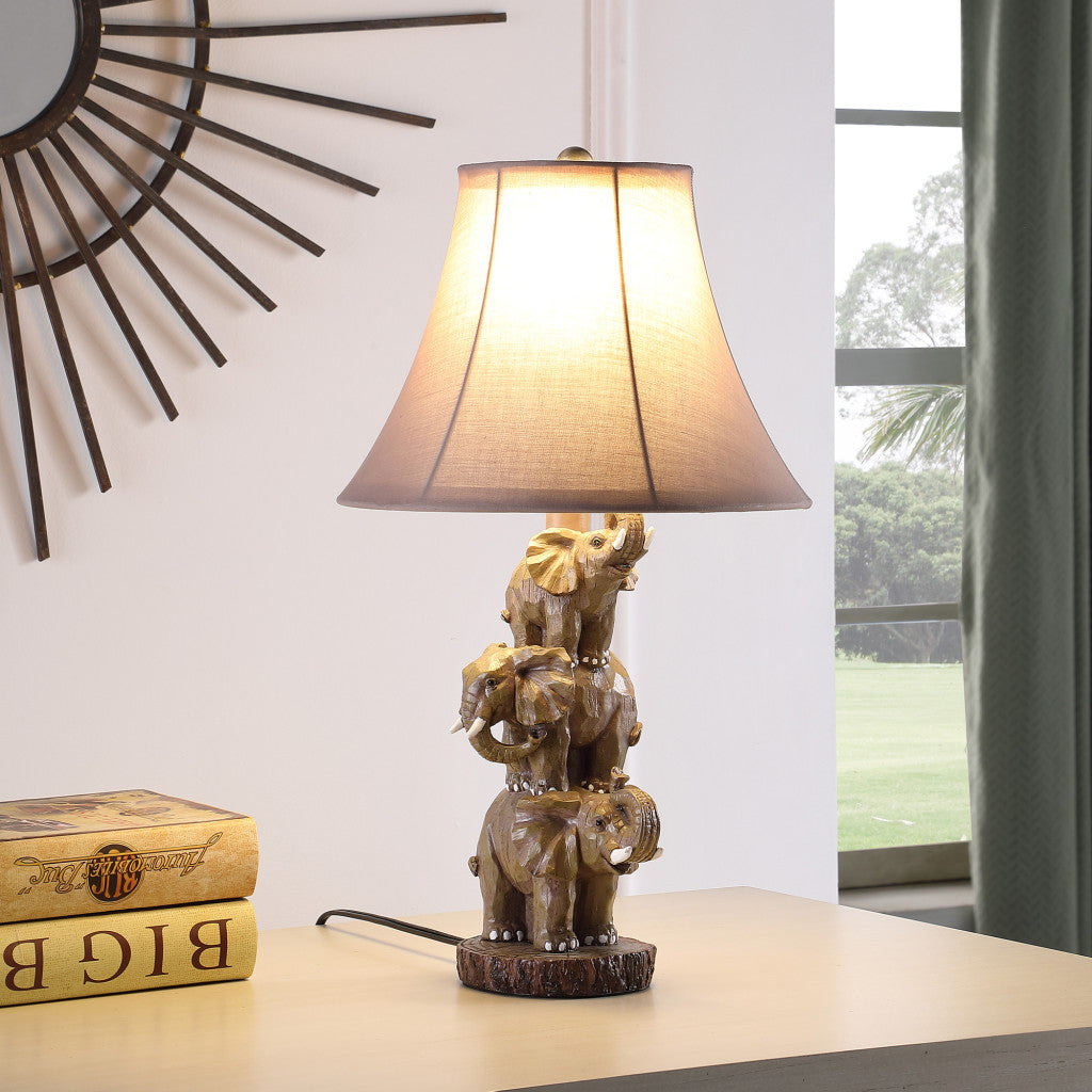 Brown Elephant Trio Table Lamp w/ Shade
