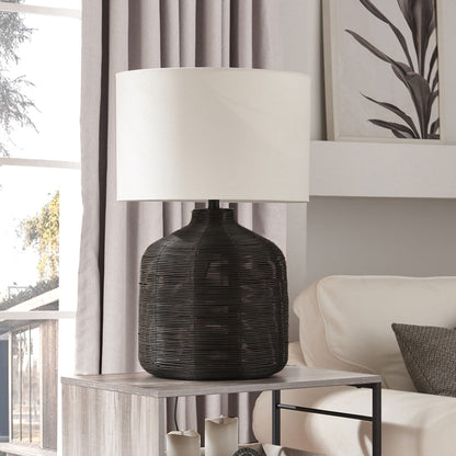 Black Rattan Table Lamp w/ Shade