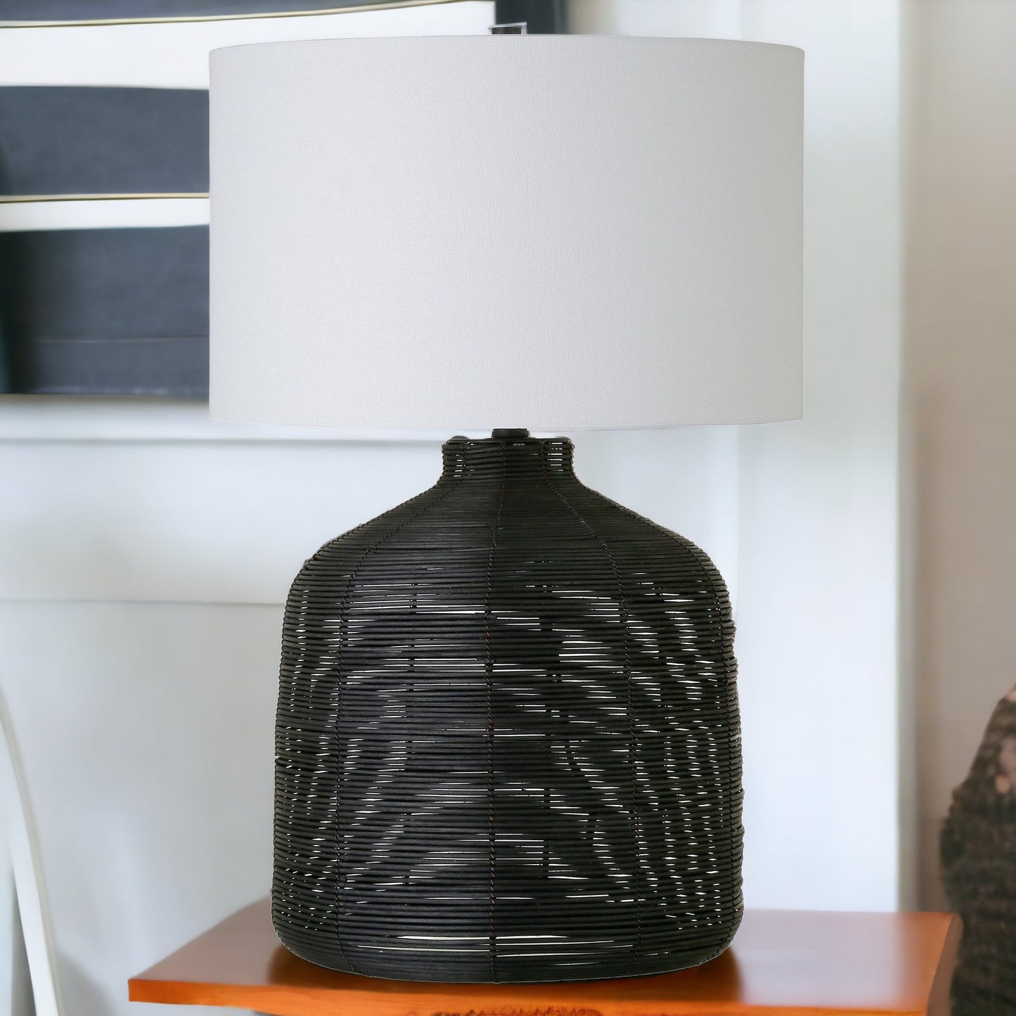 Black Rattan Table Lamp w/ Shade
