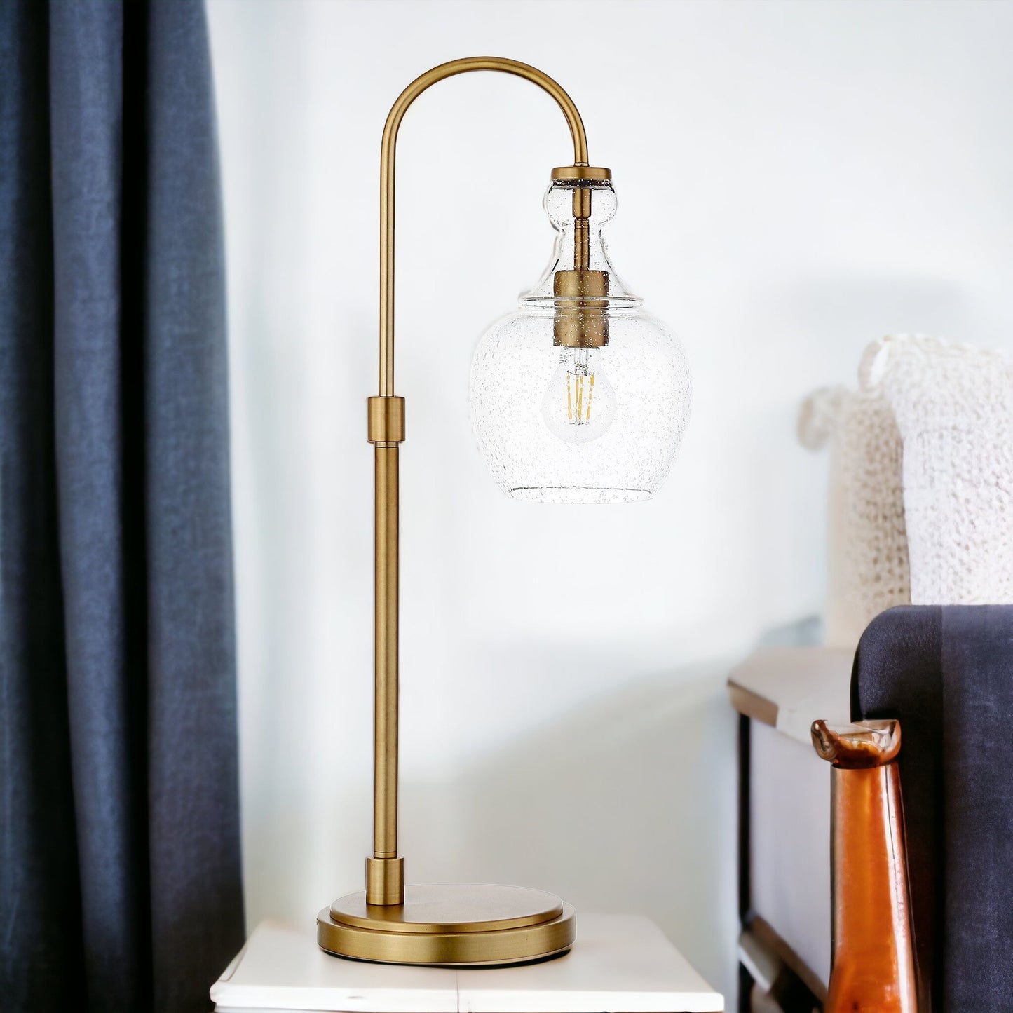 Brass Table Lamp w/ Clear Seeded Shade