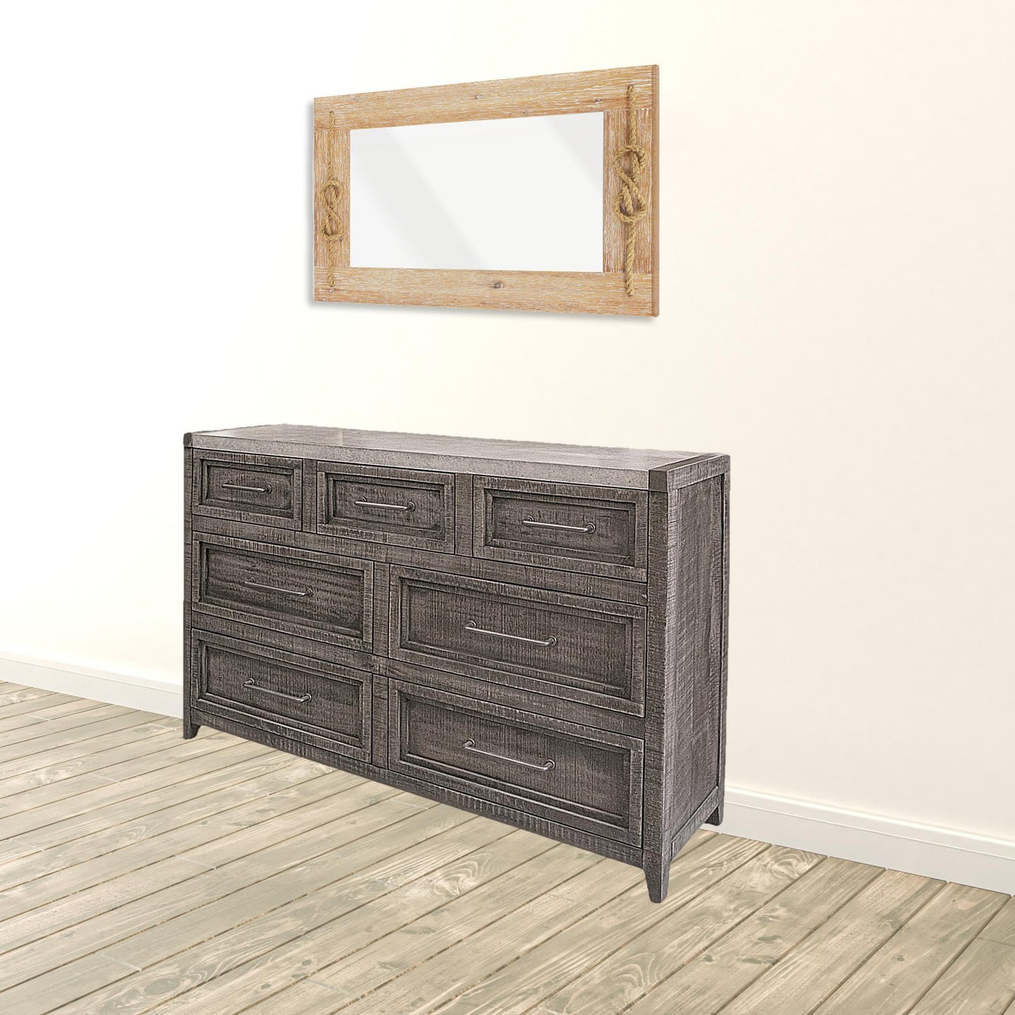 Dark Aged Oak Wood And Metal Dresser