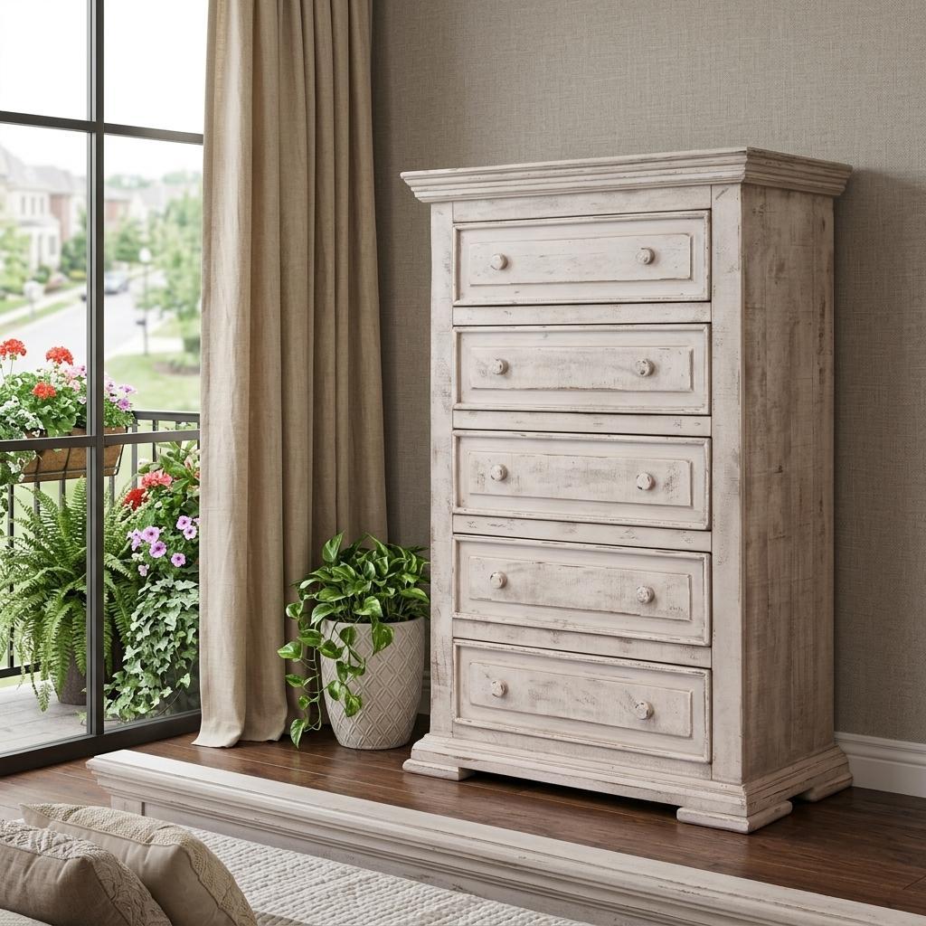 White Solid Wood Five Drawer Dresser image 1