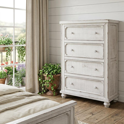 Antiqued White Solid Wood Four Drawer Dresser image 1