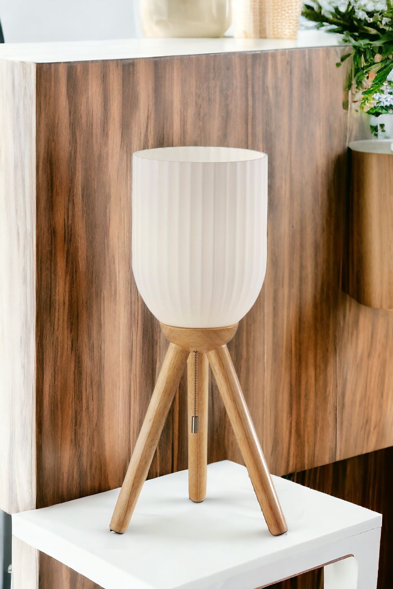 Natural Solid Wood Tripod Table Lamp w/ Shade