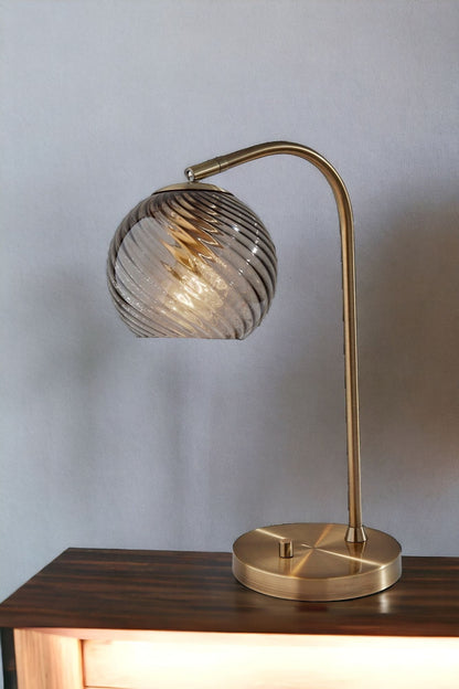 Antiqued Brass Desk Lamp w/ Light Gray Swirl Shade