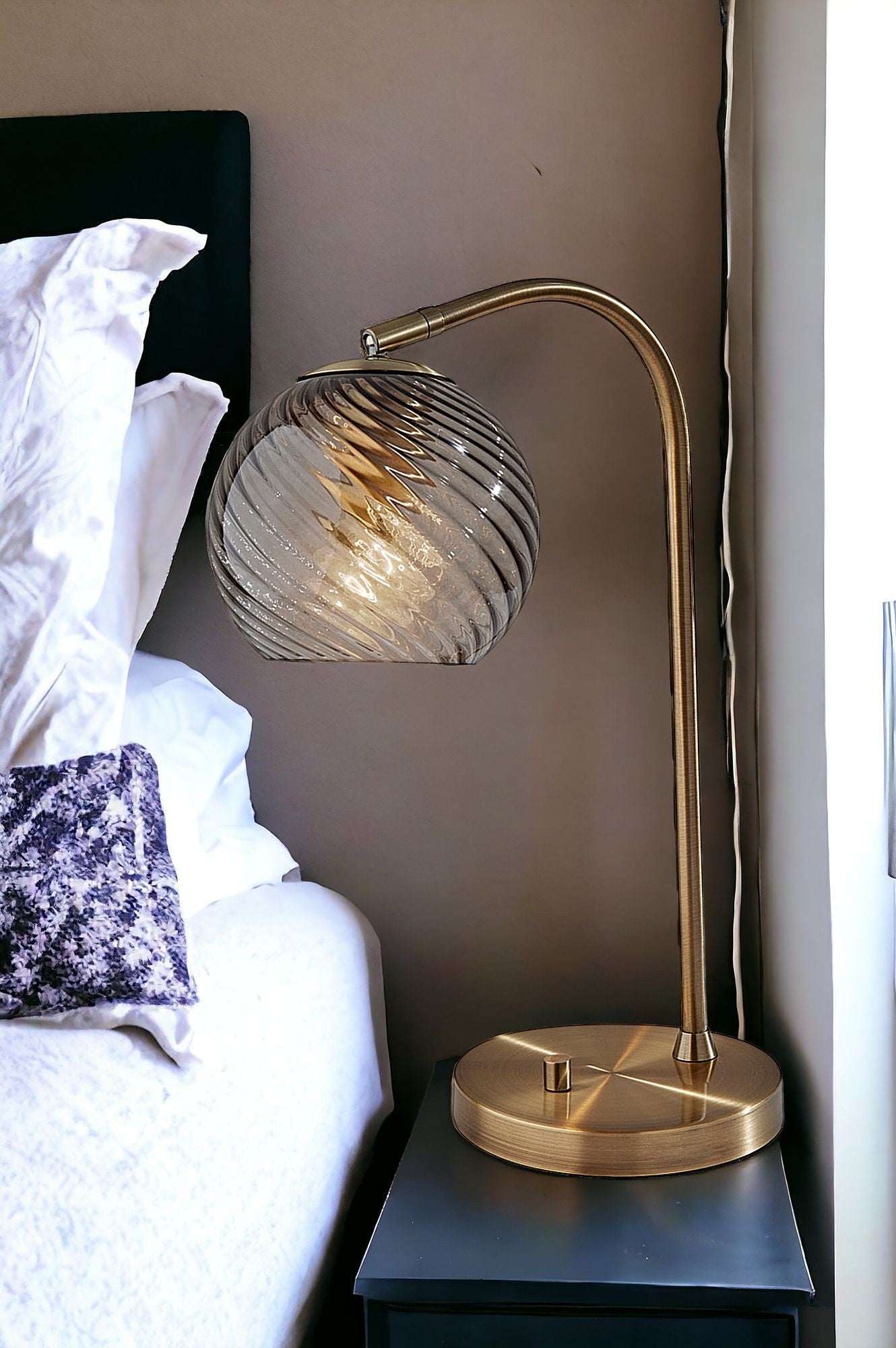 Antiqued Brass Desk Lamp w/ Light Gray Swirl Shade