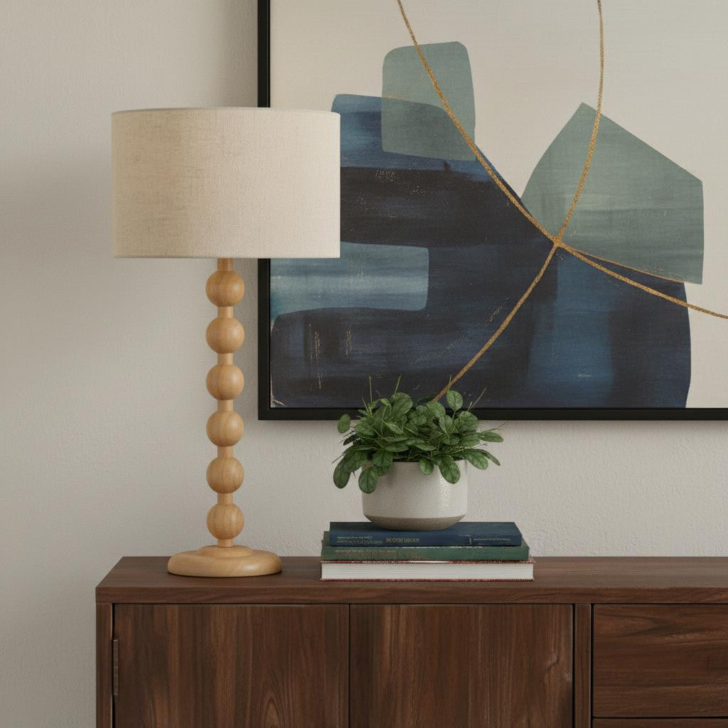 Brown Solid Wood Candlestick Table Lamp w/ Off Shade