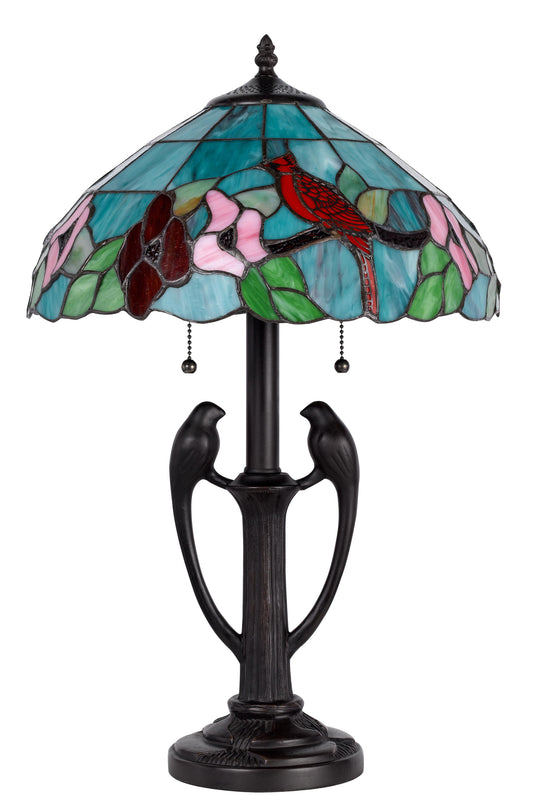 Bronze Two Light Tiffany Table Lamp w/ Aqua & Red Floral Shade