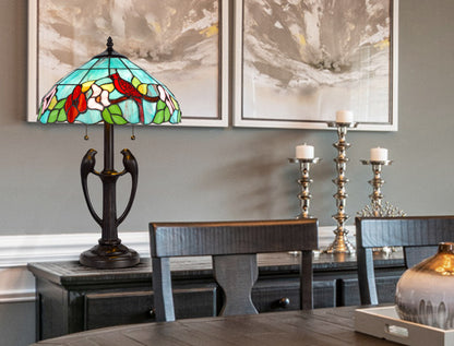 Bronze Two Light Tiffany Table Lamp w/ Aqua & Red Floral Shade