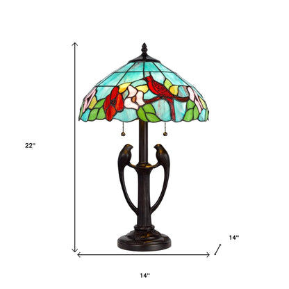 Bronze Two Light Tiffany Table Lamp w/ Aqua & Red Floral Shade