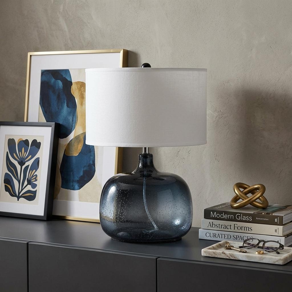 Dark Blue Glass Table Lamp w/ Shade