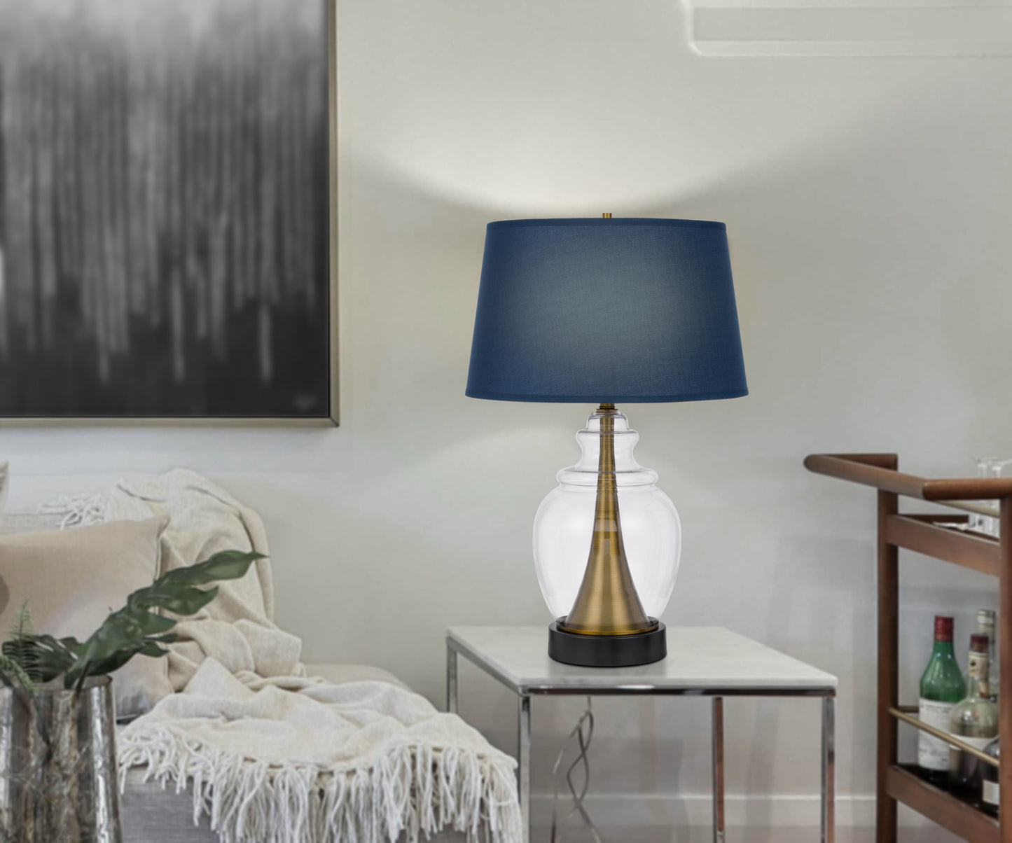 Antiqued Brass & Glass Table Lamp w/ Shade