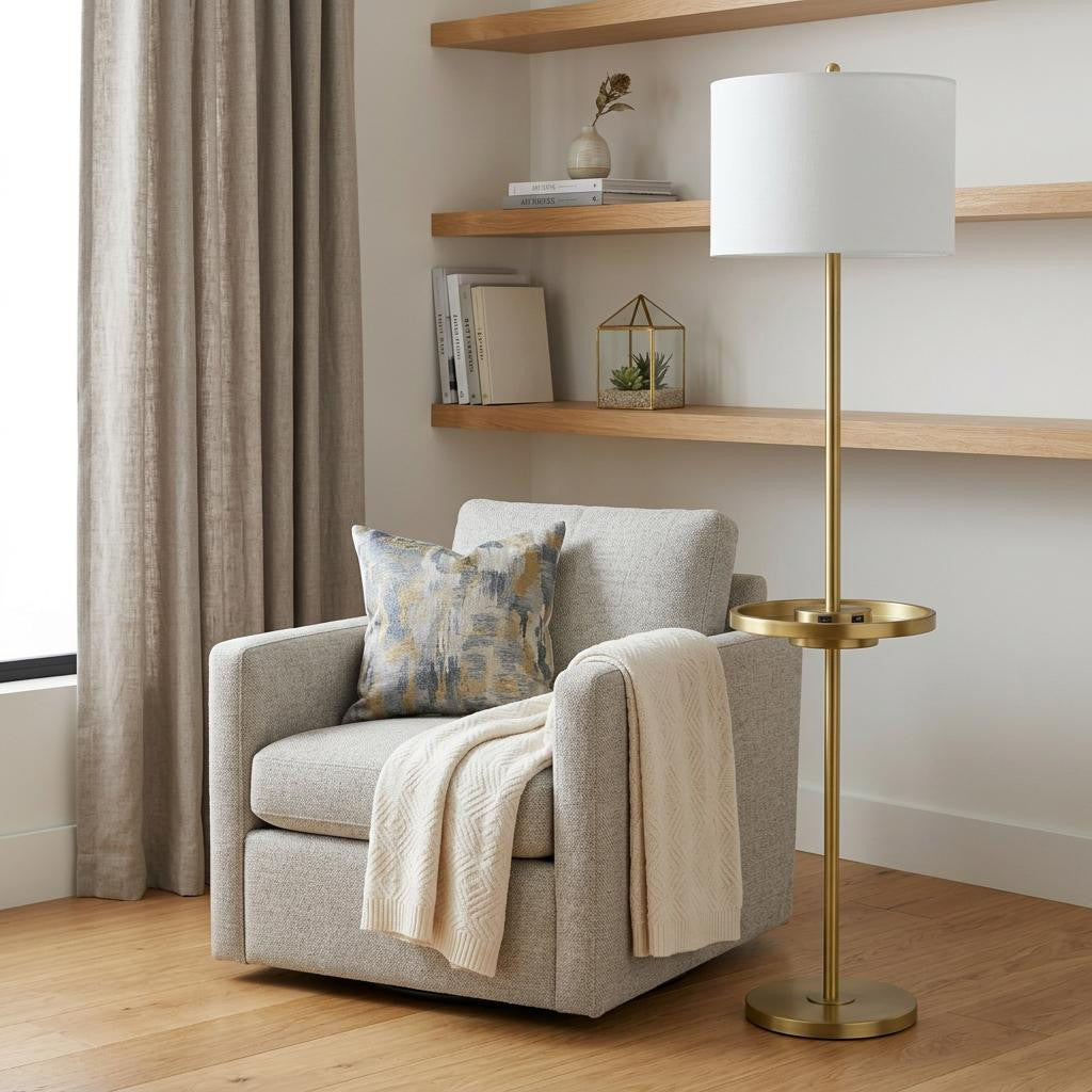 Brass Tray Table Floor Lamp w/ Shade