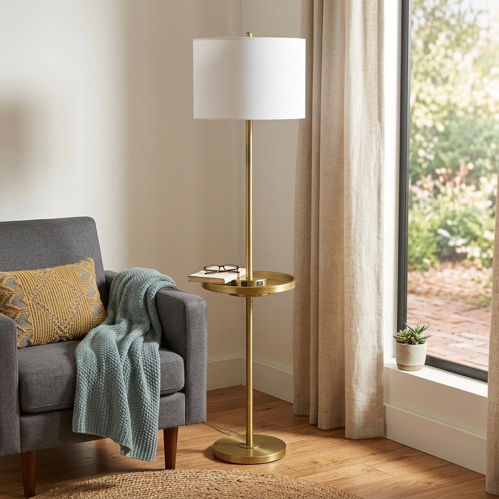 Brass Tray Table Floor Lamp w/ Shade