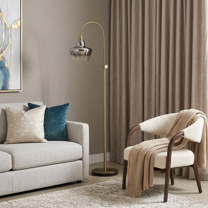 Brass Adjustable Arc Floor Lamp w/ Mirrored Glass Shade