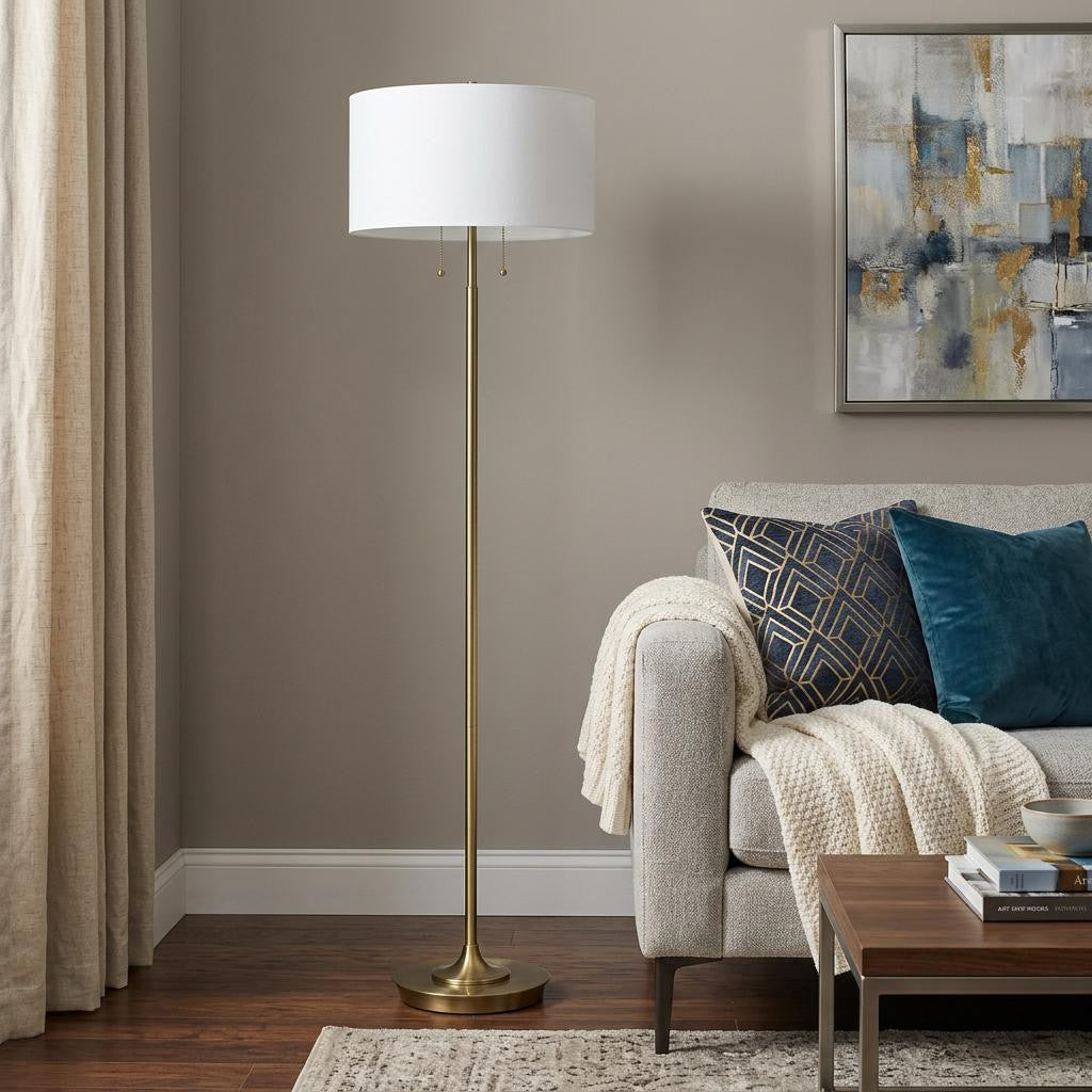 Brass 2-Light Floor Lamp w/ Shade