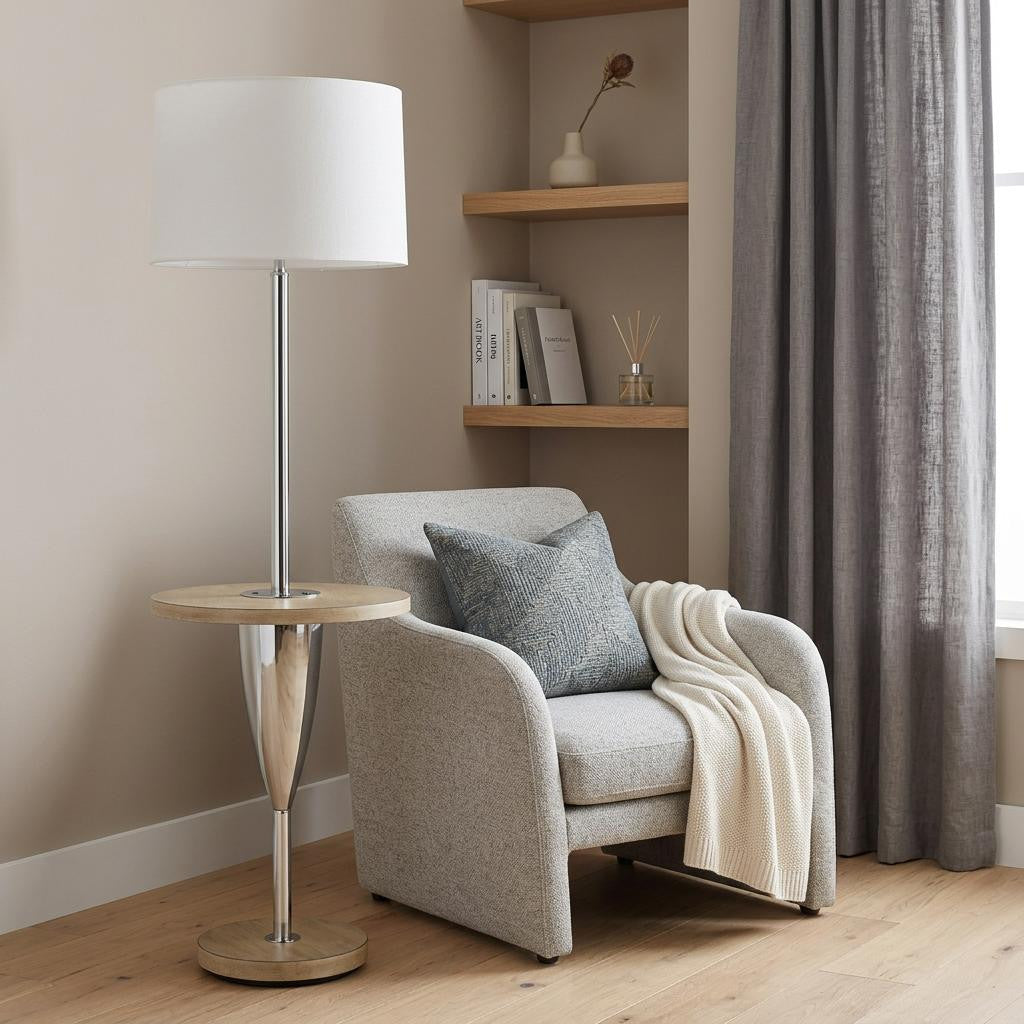Chrome Tray Table Floor Lamp w/ Shade