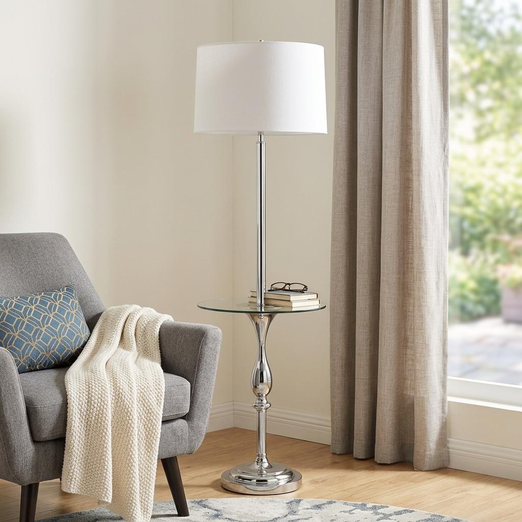 Chrome Tray Table Floor Lamp w/ Shade