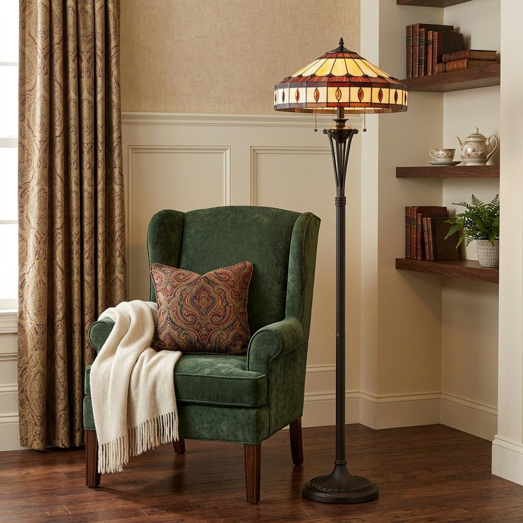 Bronze 2-Light Floor Lamp w/ Tiffany Glass Shade