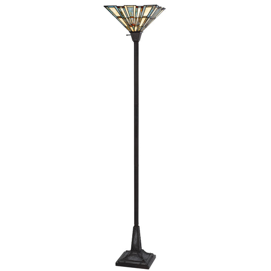Bronze Torchiere Floor Lamp w/ Abstract Tiffany Glass Shade