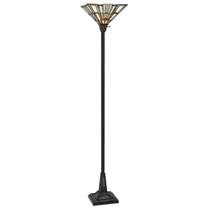 Bronze Torchiere Floor Lamp w/ Abstract Tiffany Glass Shade