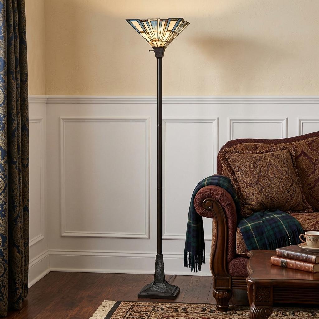 Bronze Torchiere Floor Lamp w/ Abstract Tiffany Glass Shade
