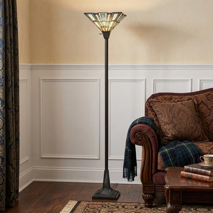 Bronze Torchiere Floor Lamp w/ Abstract Tiffany Glass Shade