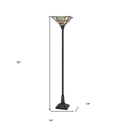 Bronze Torchiere Floor Lamp w/ Abstract Tiffany Glass Shade