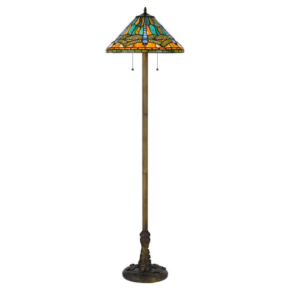 Brass 2-Light Floor Lamp w/ Dragonfly Tiffany Glass Shade
