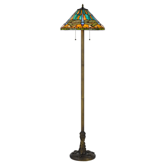 Brass 2-Light Floor Lamp w/ Dragonfly Tiffany Glass Shade