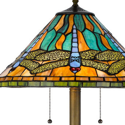 Brass 2-Light Floor Lamp w/ Dragonfly Tiffany Glass Shade